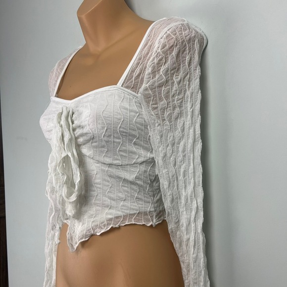 Shein White Textured Bell Sleeve Tie Front Crop Top XS Babydoll Fairycore Boho - Picture 3 of 9